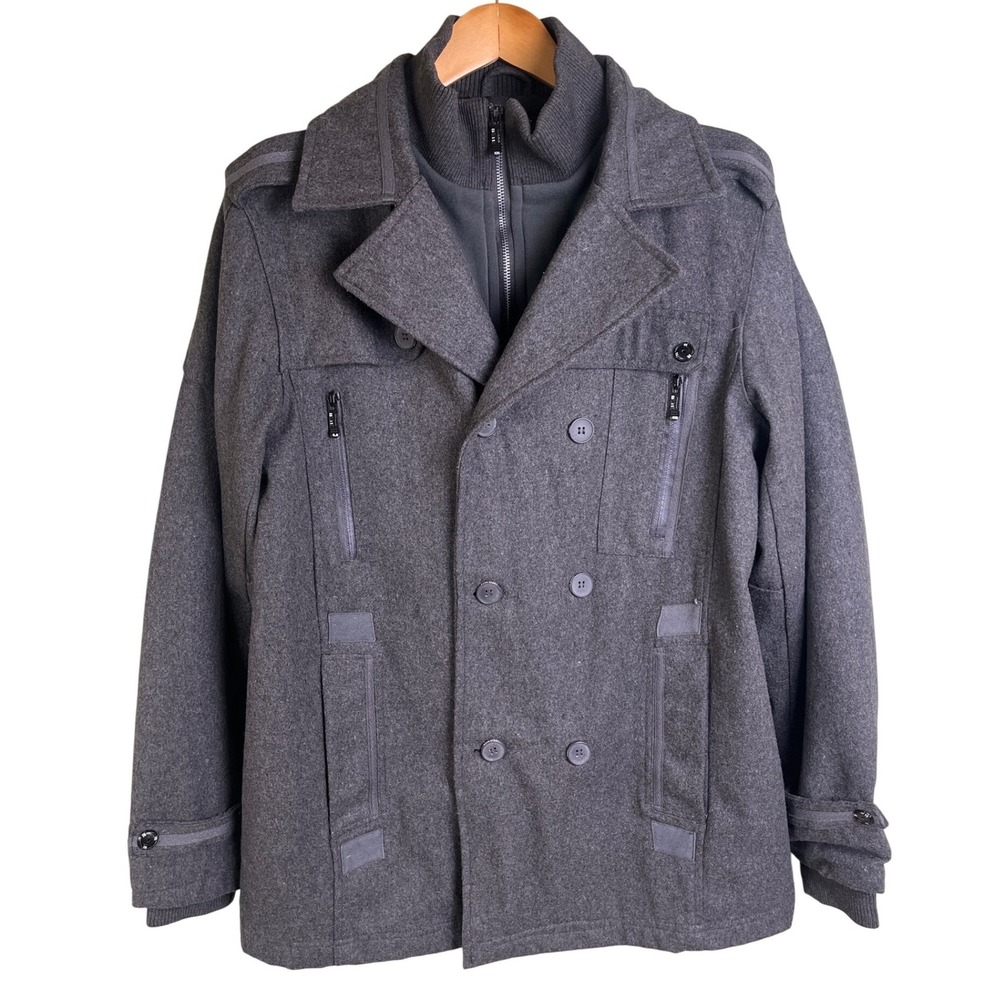 Whispering Smith‎ Gray Lined Double Breasted Heavy Wool Blend Coat Large Read